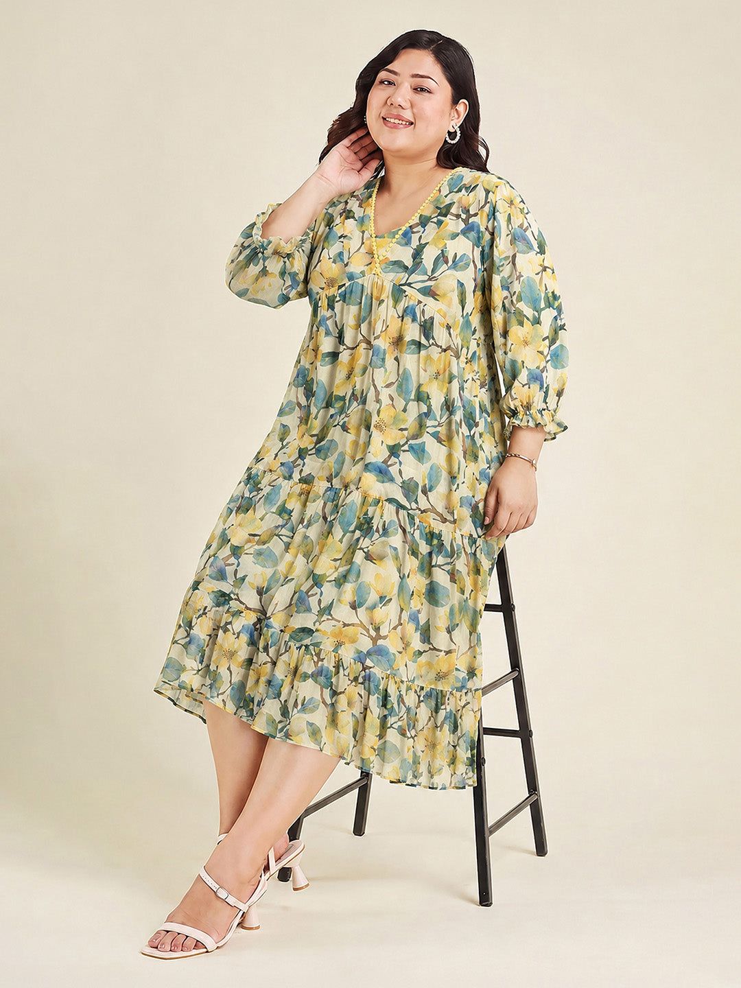 Janasya Women's Plus Size Yellow Georgette Floral Printed Tiered Dress