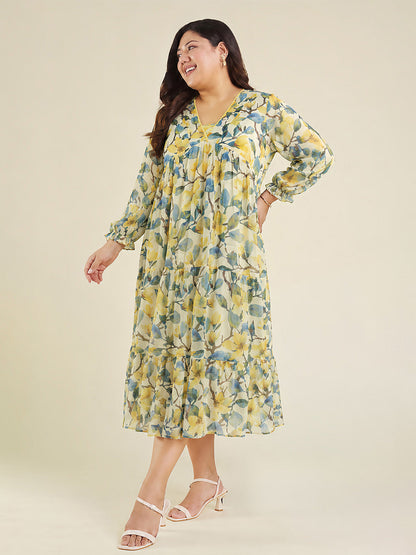 Janasya Women's Plus Size Yellow Georgette Floral Printed Tiered Dress
