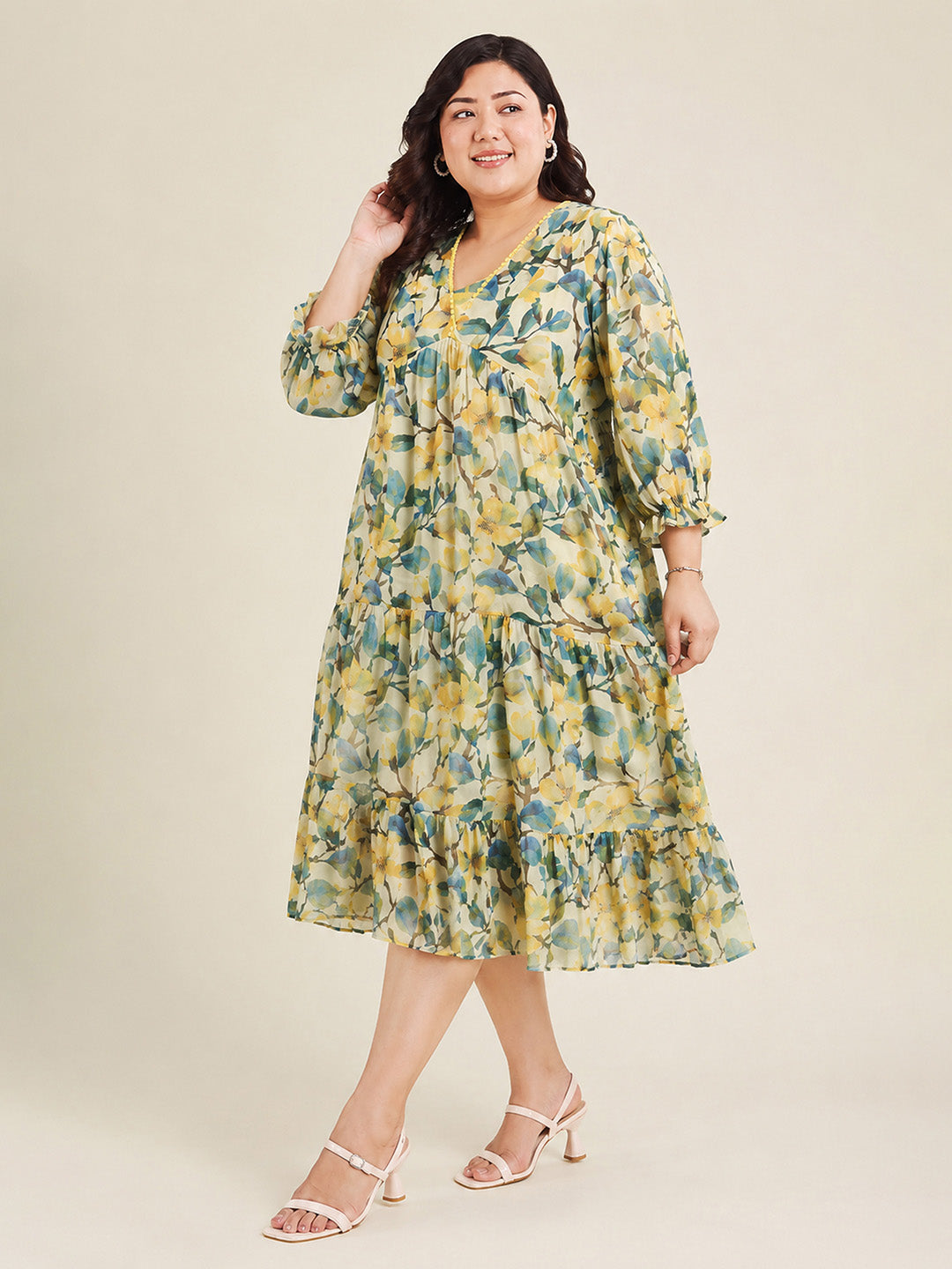Janasya Women's Plus Size Yellow Georgette Floral Printed Tiered Dress