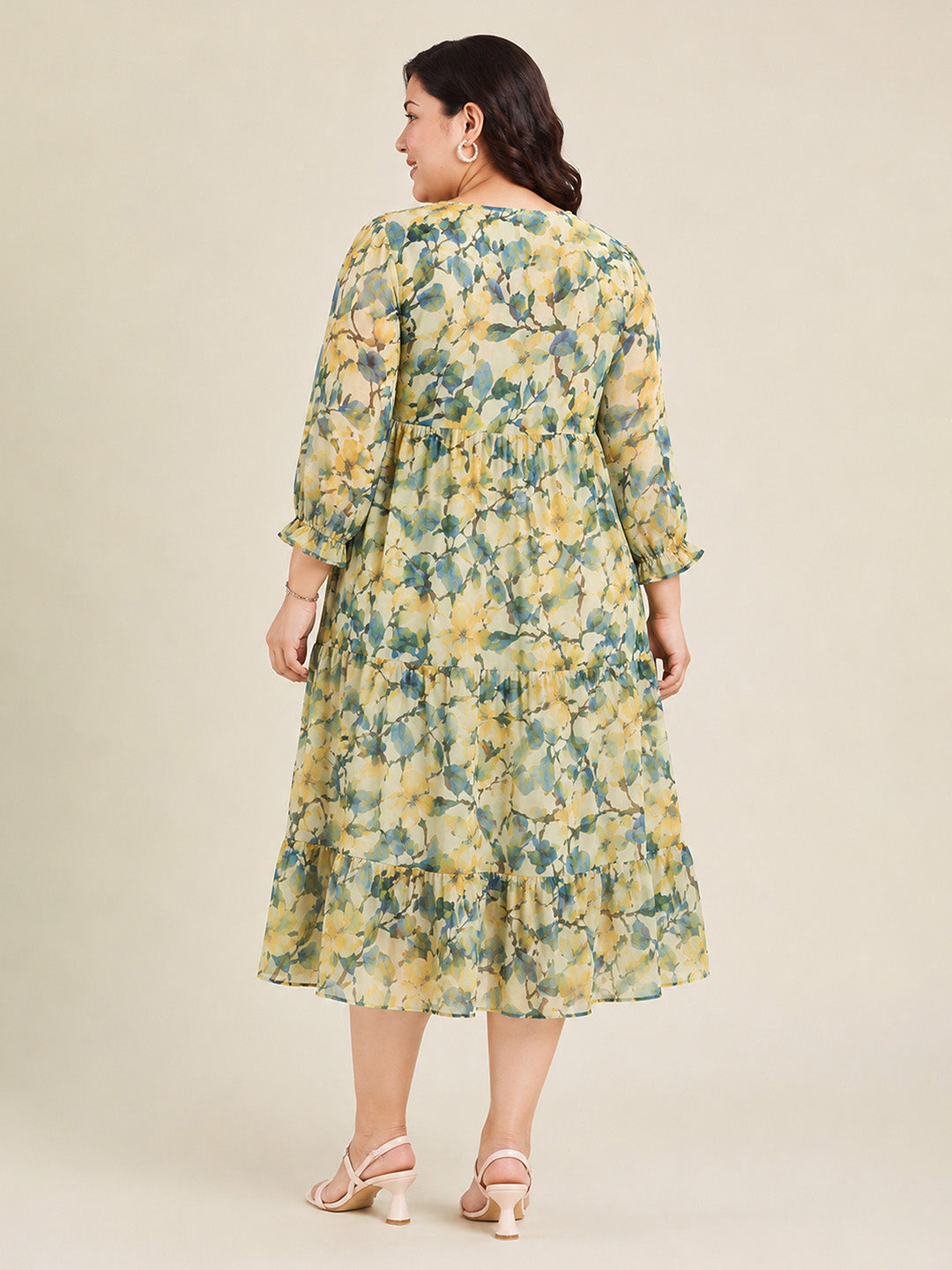 Janasya Women's Plus Size Yellow Georgette Floral Printed Tiered Dress
