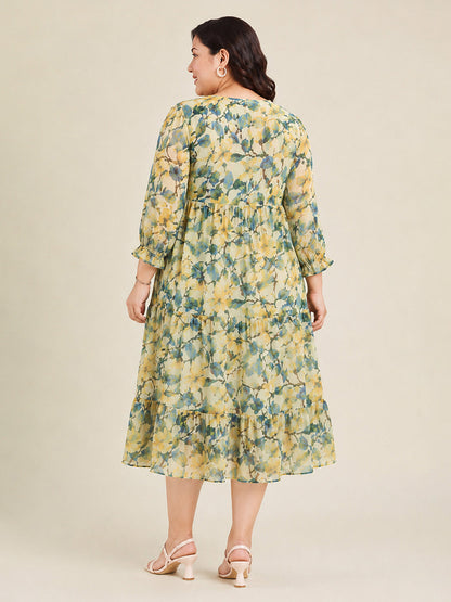 Janasya Women's Plus Size Yellow Georgette Floral Printed Tiered Dress