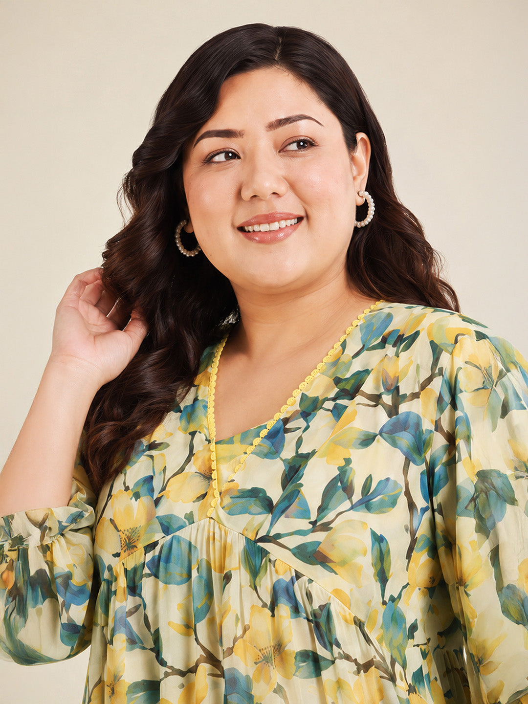 Janasya Women's Plus Size Yellow Georgette Floral Printed Tiered Dress