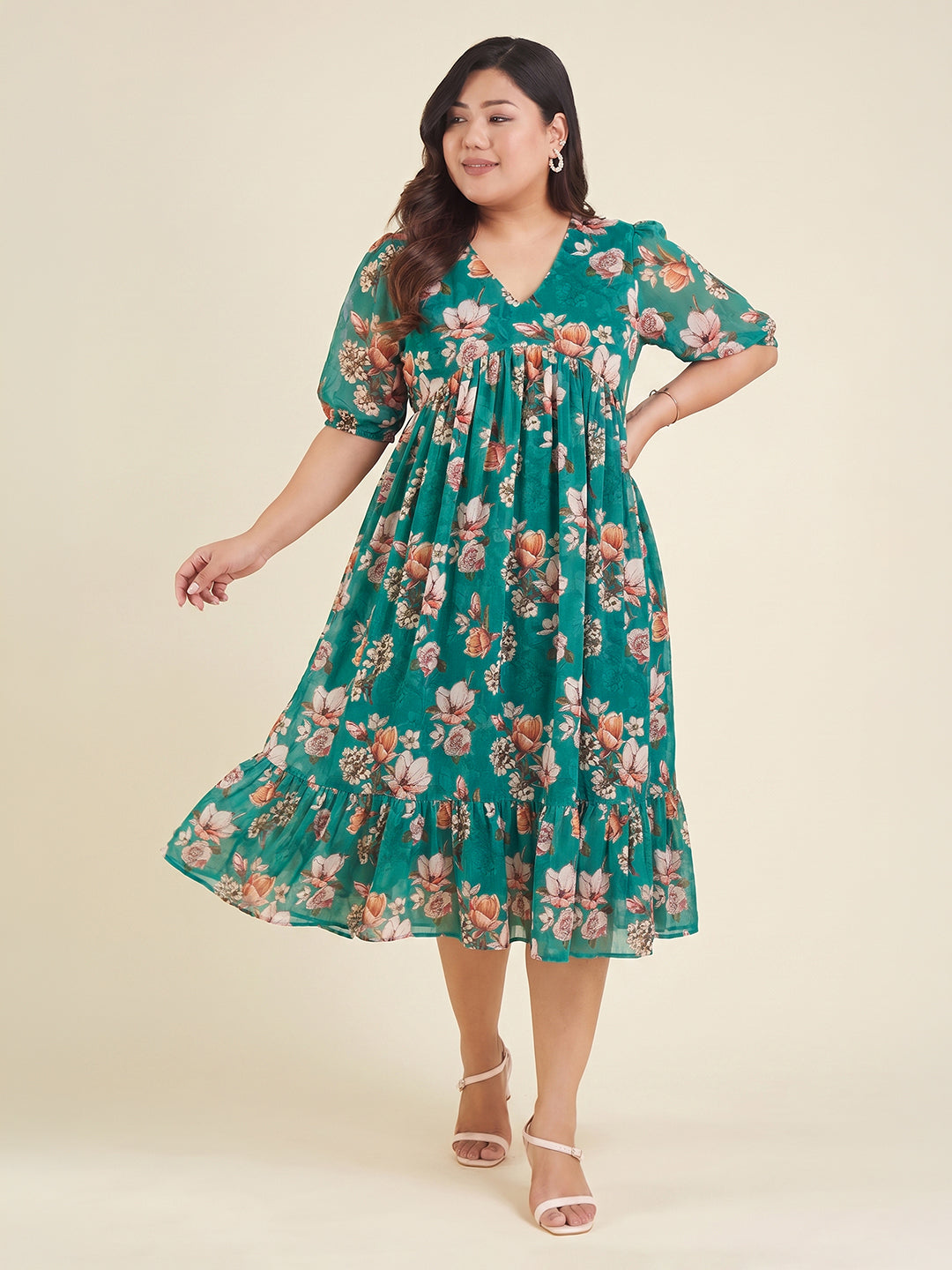 Janasya Women's Plus Size Sea Green Georgette Floral Printed Gathered Dress