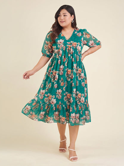 Janasya Women's Plus Size Sea Green Georgette Floral Printed Gathered Dress