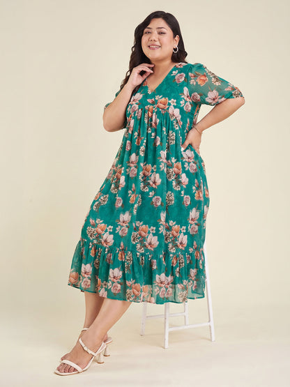 Janasya Women's Plus Size Sea Green Georgette Floral Printed Gathered Dress