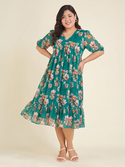 Janasya Women's Plus Size Sea Green Georgette Floral Printed Gathered Dress