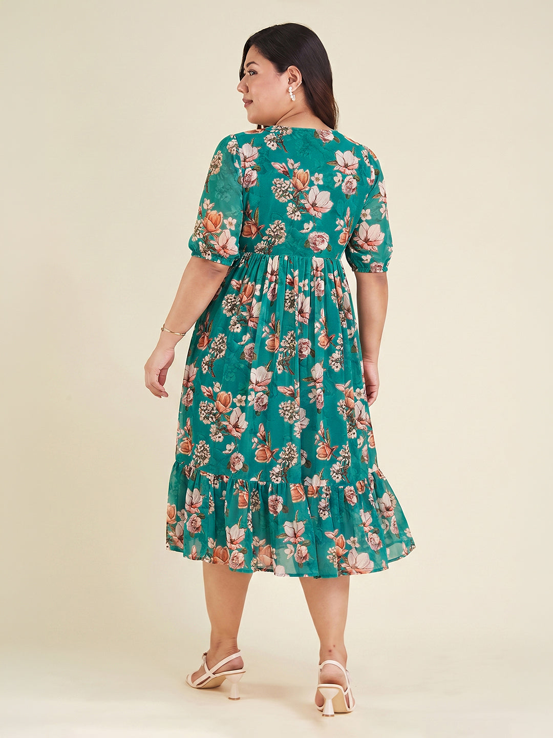 Janasya Women's Plus Size Sea Green Georgette Floral Printed Gathered Dress