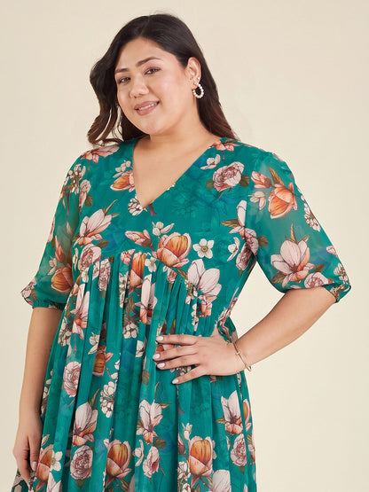 Janasya Women's Plus Size Sea Green Georgette Floral Printed Gathered Dress