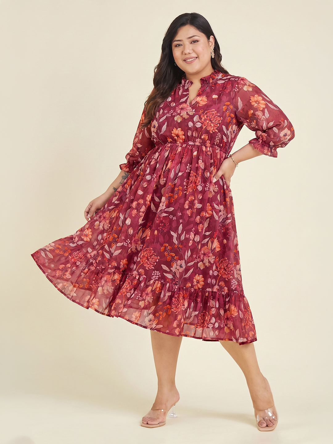Janasya Women's Plus Size Red Georgette Floral Printed Fit & Flared Dress