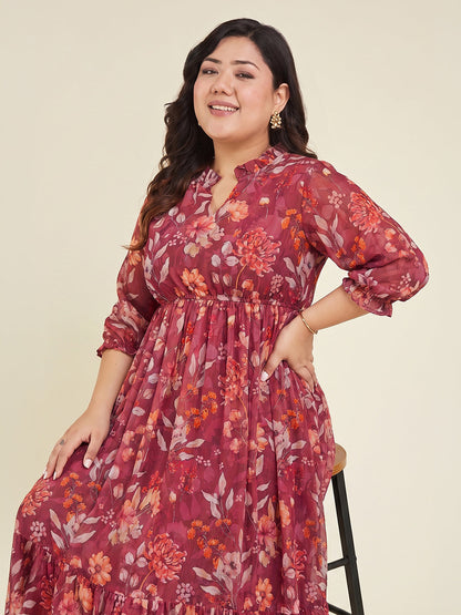 Janasya Women's Plus Size Red Georgette Floral Printed Fit & Flared Dress