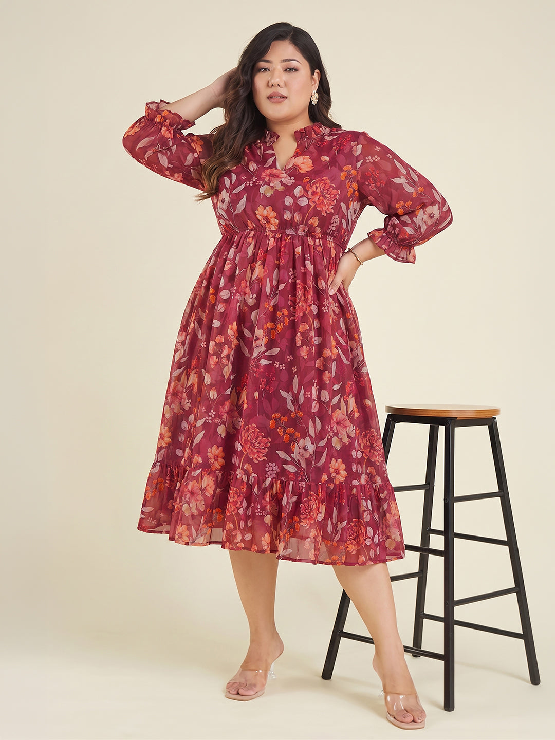 Janasya Women's Plus Size Red Georgette Floral Printed Fit & Flared Dress