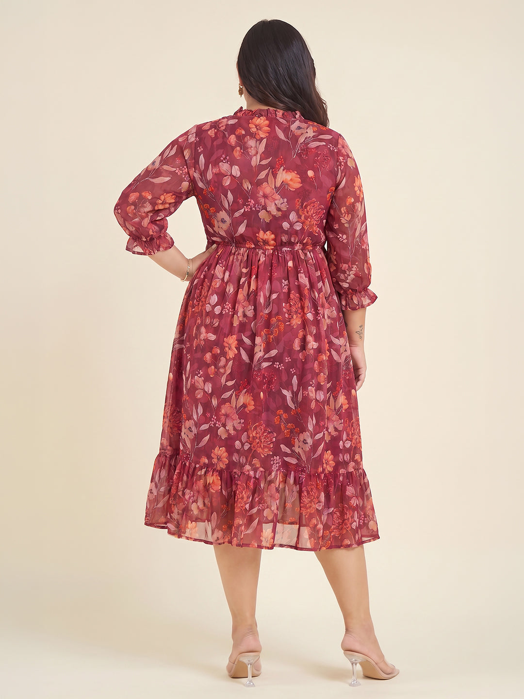 Janasya Women's Plus Size Red Georgette Floral Printed Fit & Flared Dress