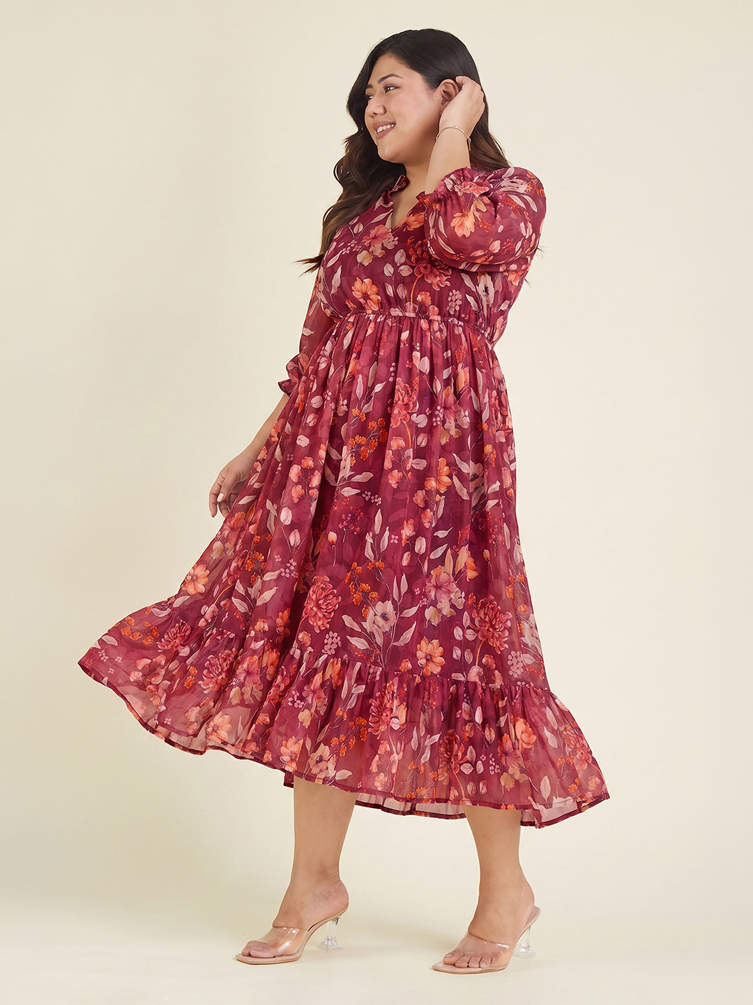Janasya Women's Plus Size Red Georgette Floral Printed Fit & Flared Dress