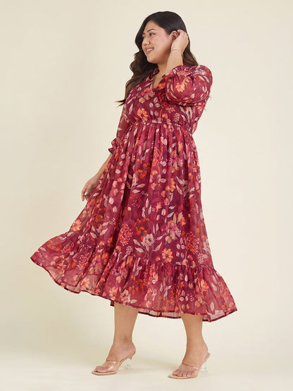 Janasya Women's Plus Size Red Georgette Floral Printed Fit & Flared Dress