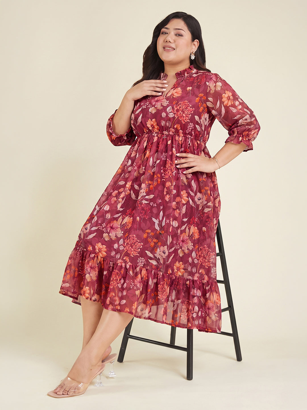 Janasya Women's Plus Size Red Georgette Floral Printed Fit & Flared Dress