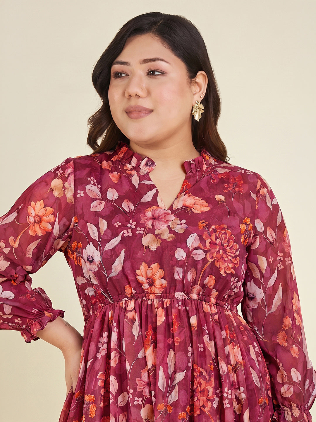 Janasya Women's Plus Size Red Georgette Floral Printed Fit & Flared Dress