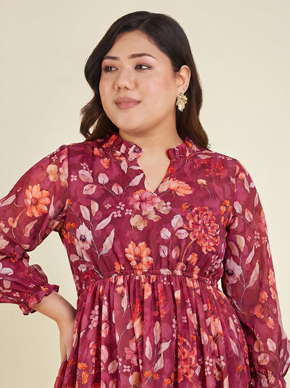 Janasya Women's Plus Size Red Georgette Floral Printed Fit & Flared Dress