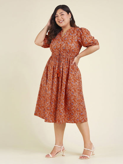 Janasya Women's Plus Size Orange Pure Cotton Floral Printed Fit & Flare Dress
