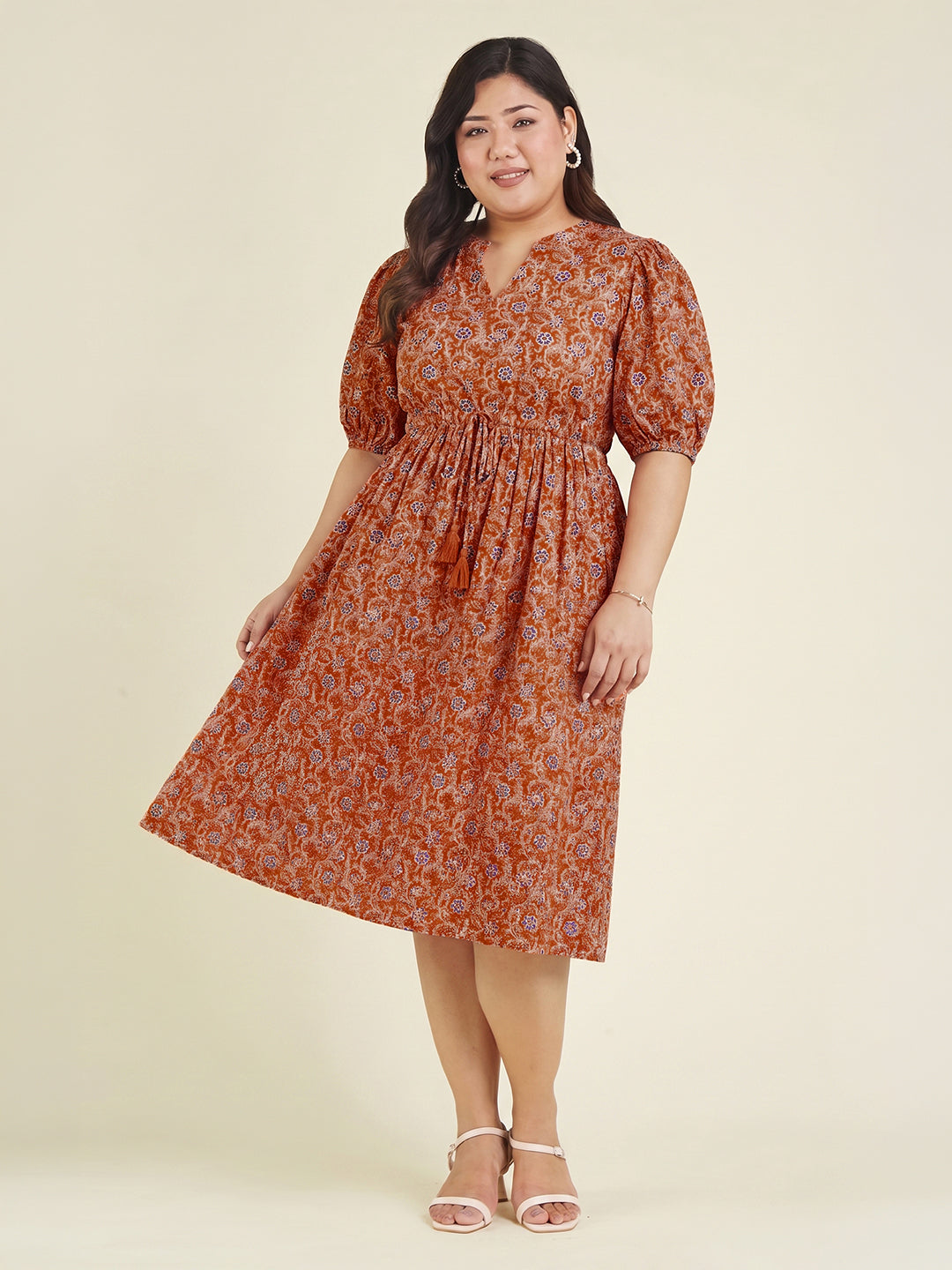 Janasya Women's Plus Size Orange Pure Cotton Floral Printed Fit & Flare Dress