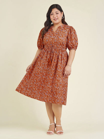 Janasya Women's Plus Size Orange Pure Cotton Floral Printed Fit & Flare Dress