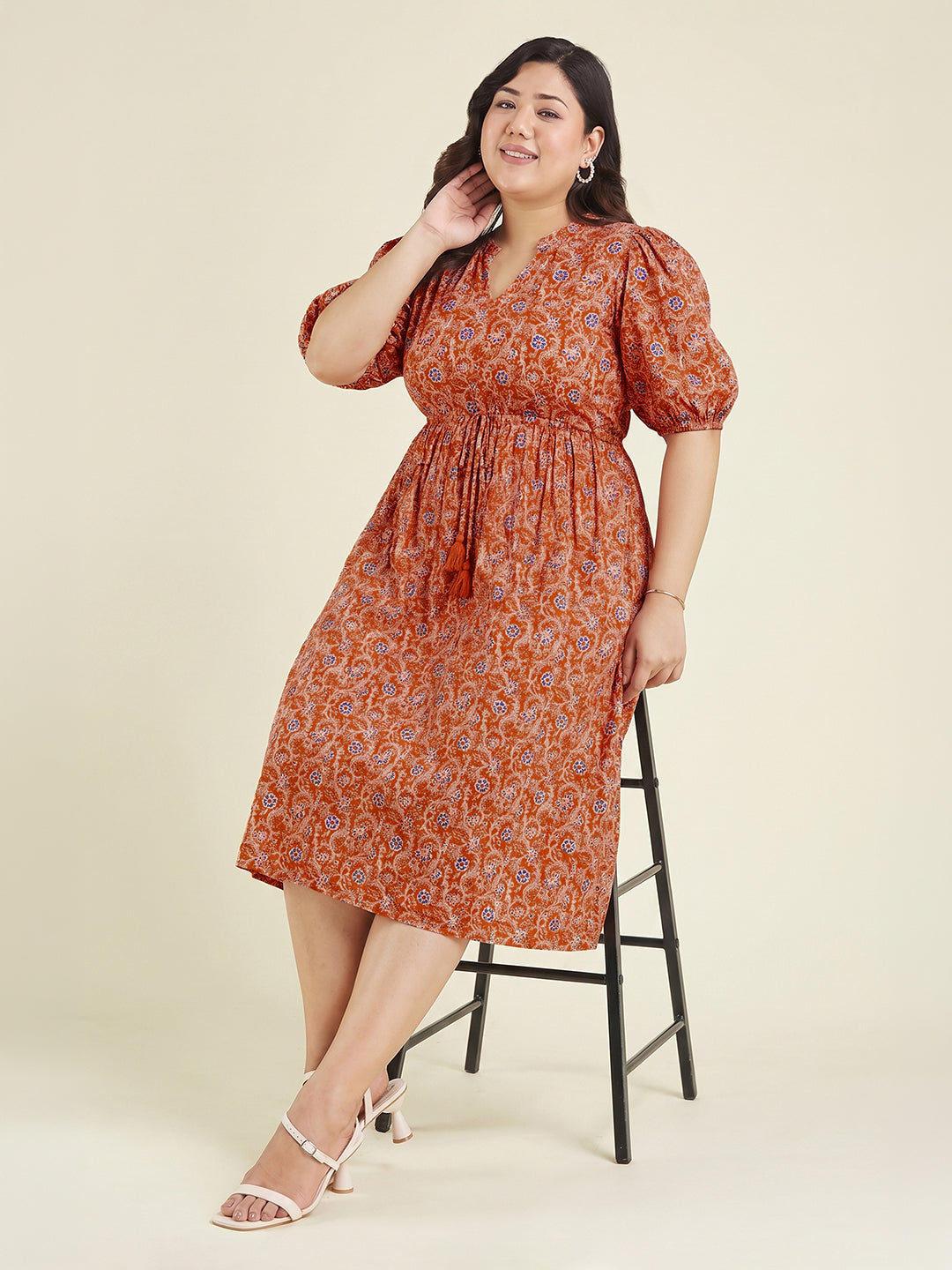Janasya Women's Plus Size Orange Pure Cotton Floral Printed Fit & Flare Dress