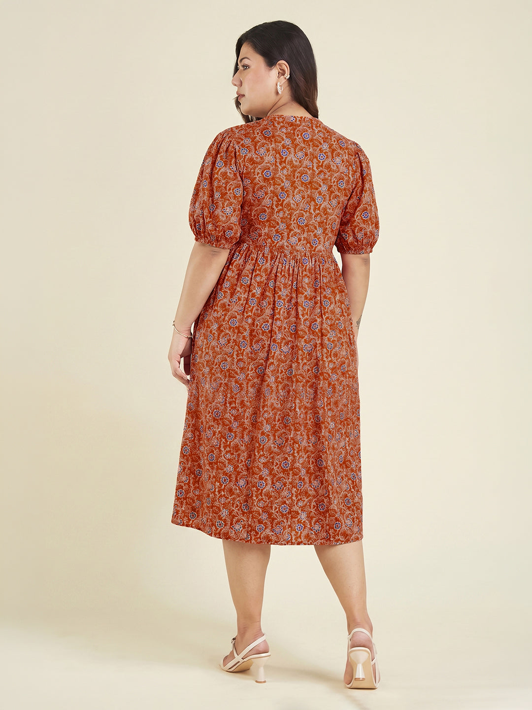 Janasya Women's Plus Size Orange Pure Cotton Floral Printed Fit & Flare Dress