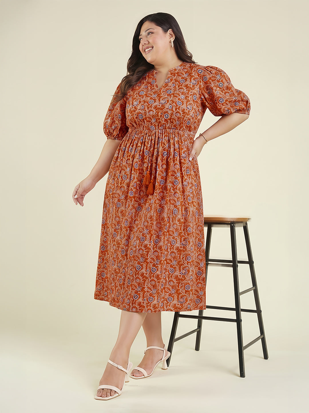 Janasya Women's Plus Size Orange Pure Cotton Floral Printed Fit & Flare Dress