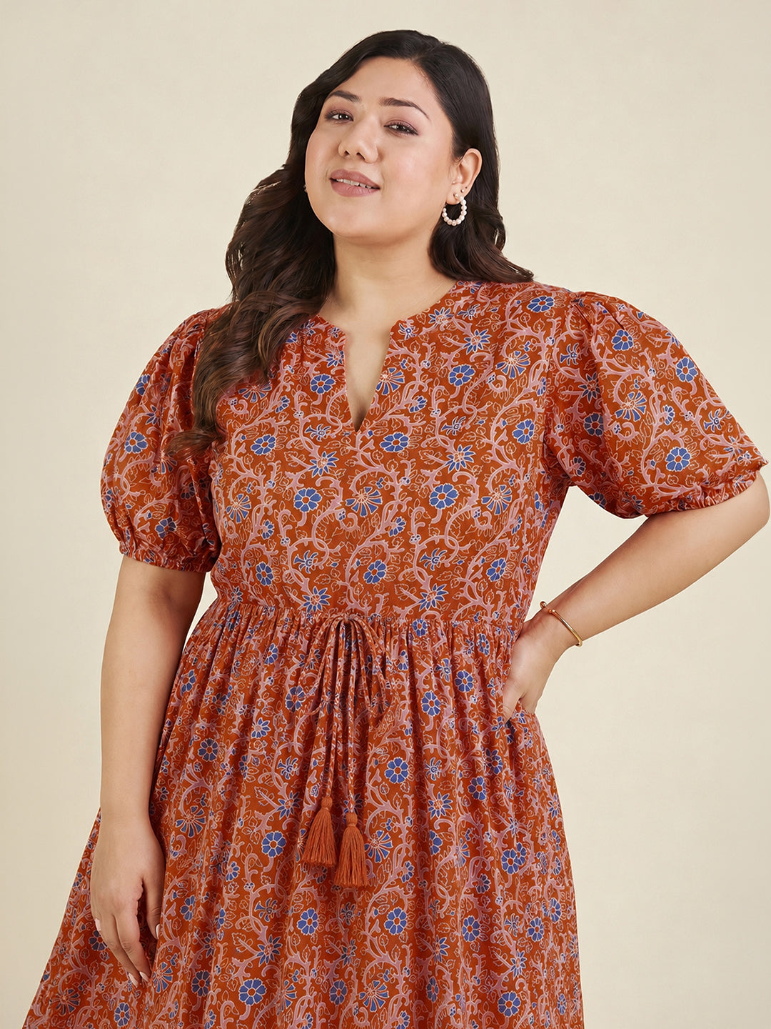 Janasya Women's Plus Size Orange Pure Cotton Floral Printed Fit & Flare Dress