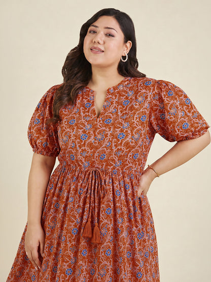 Janasya Women's Plus Size Orange Pure Cotton Floral Printed Fit & Flare Dress