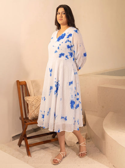 Janasya Women's Plus Size White Dobby Georgette Tie & dye Printed Fit & Flare Dress