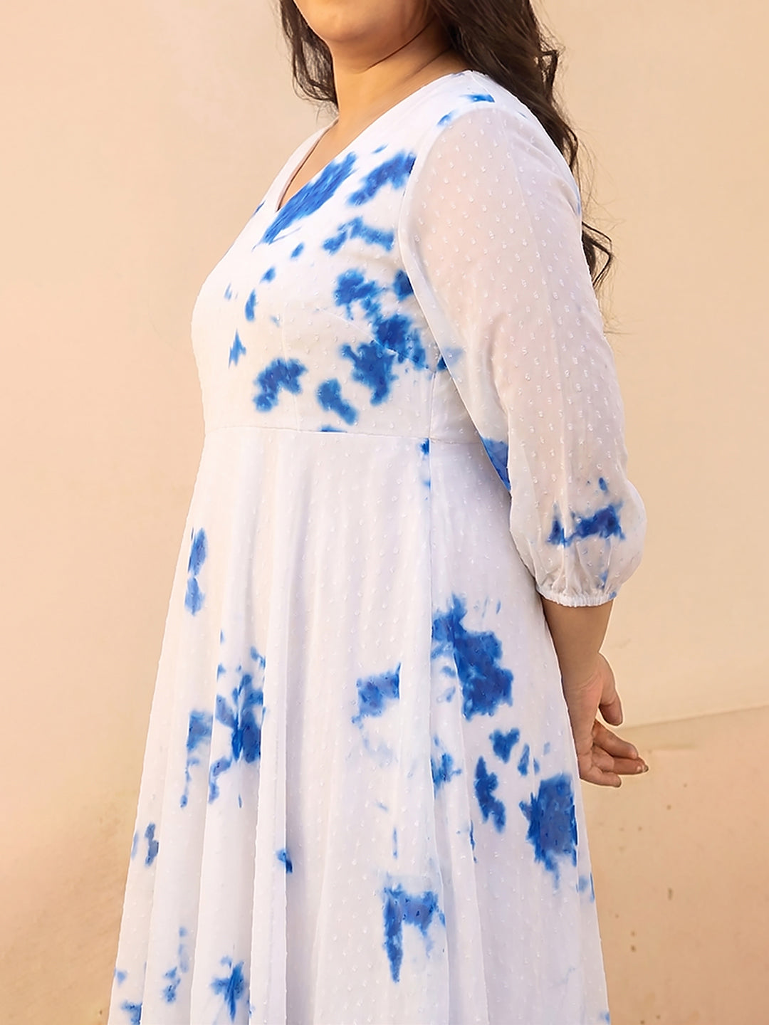 Janasya Women's Plus Size White Dobby Georgette Tie & dye Printed Fit & Flare Dress