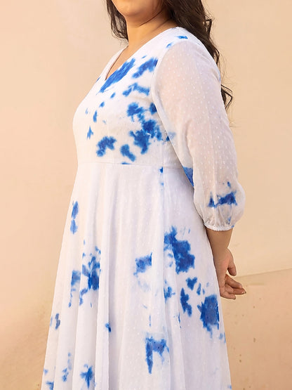 Janasya Women's Plus Size White Dobby Georgette Tie & dye Printed Fit & Flare Dress