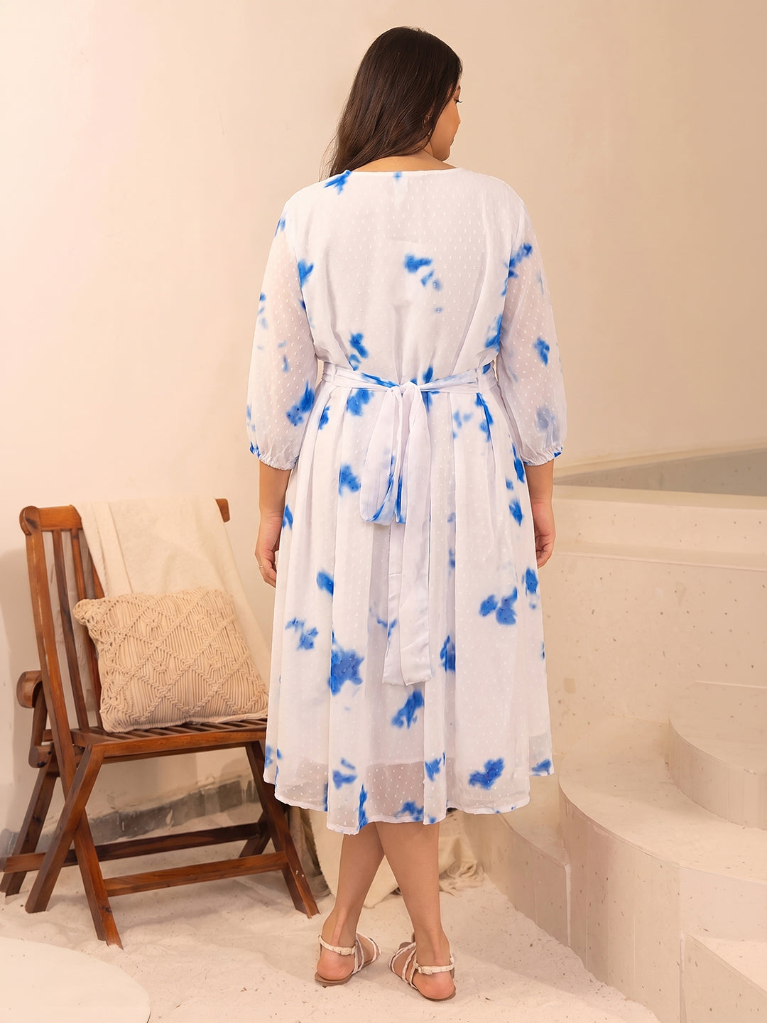 Janasya Women's Plus Size White Dobby Georgette Tie & dye Printed Fit & Flare Dress