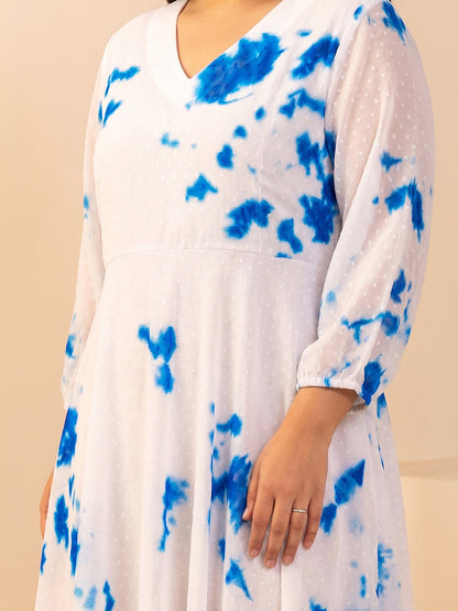 Janasya Women's Plus Size White Dobby Georgette Tie & dye Printed Fit & Flare Dress