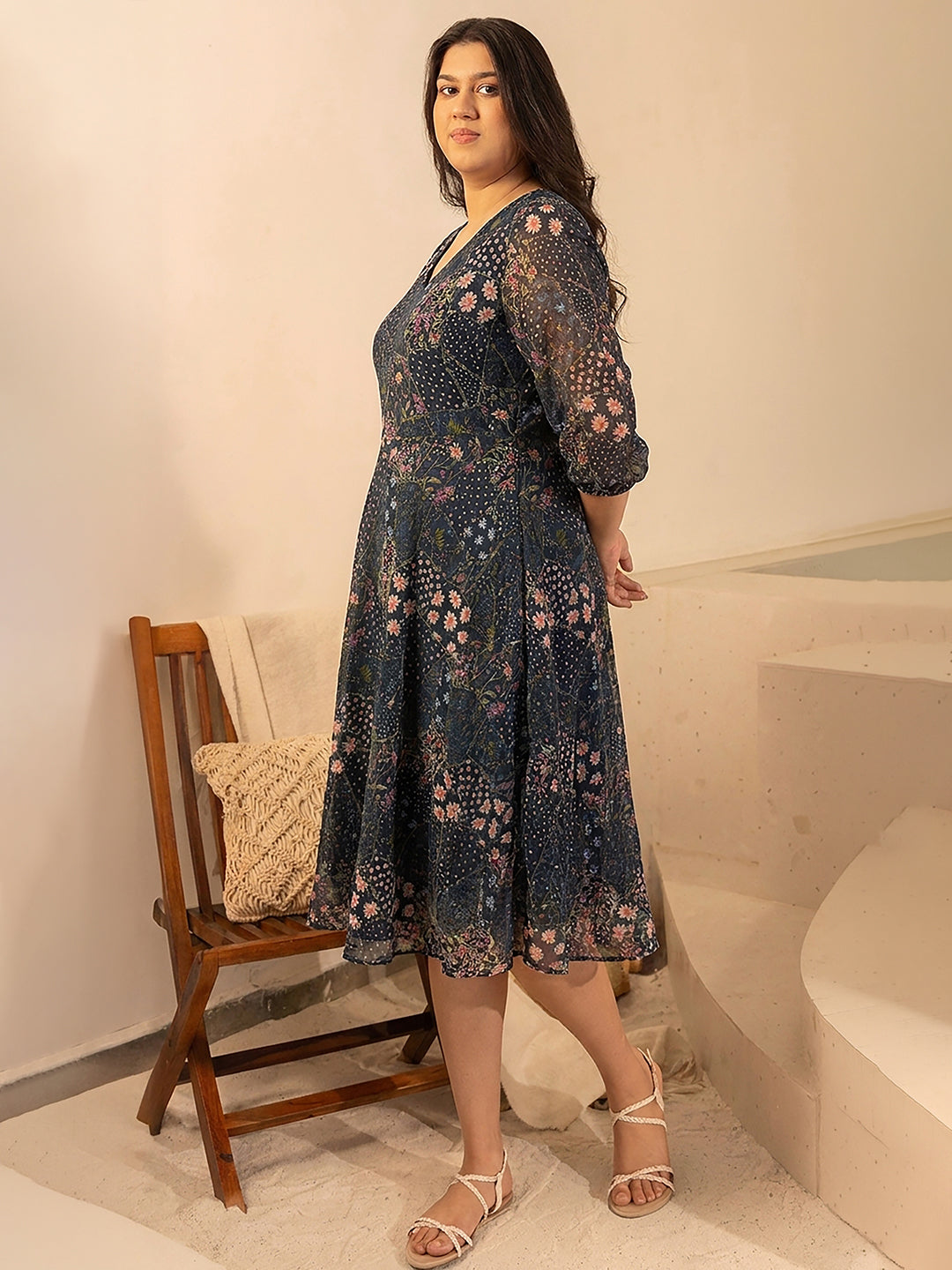 Janasya Women's Plus Size Black Dobby Georgette Floral Printed Fit & Flare Dress