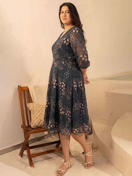 Janasya Women's Plus Size Black Dobby Georgette Floral Printed Fit & Flare Dress