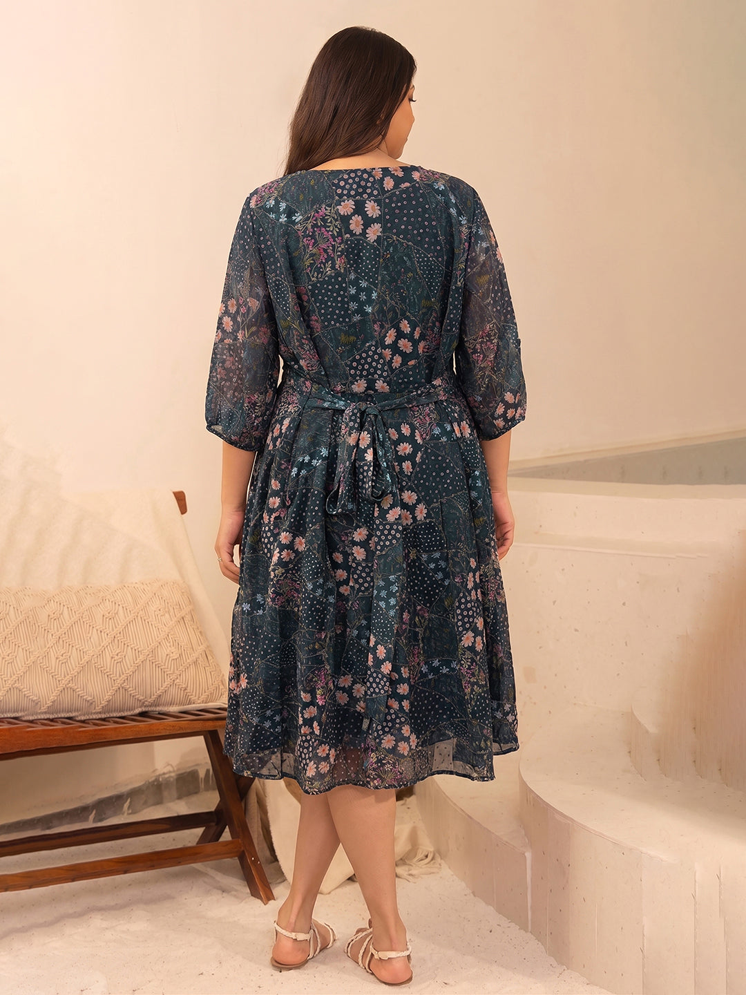 Janasya Women's Plus Size Black Dobby Georgette Floral Printed Fit & Flare Dress