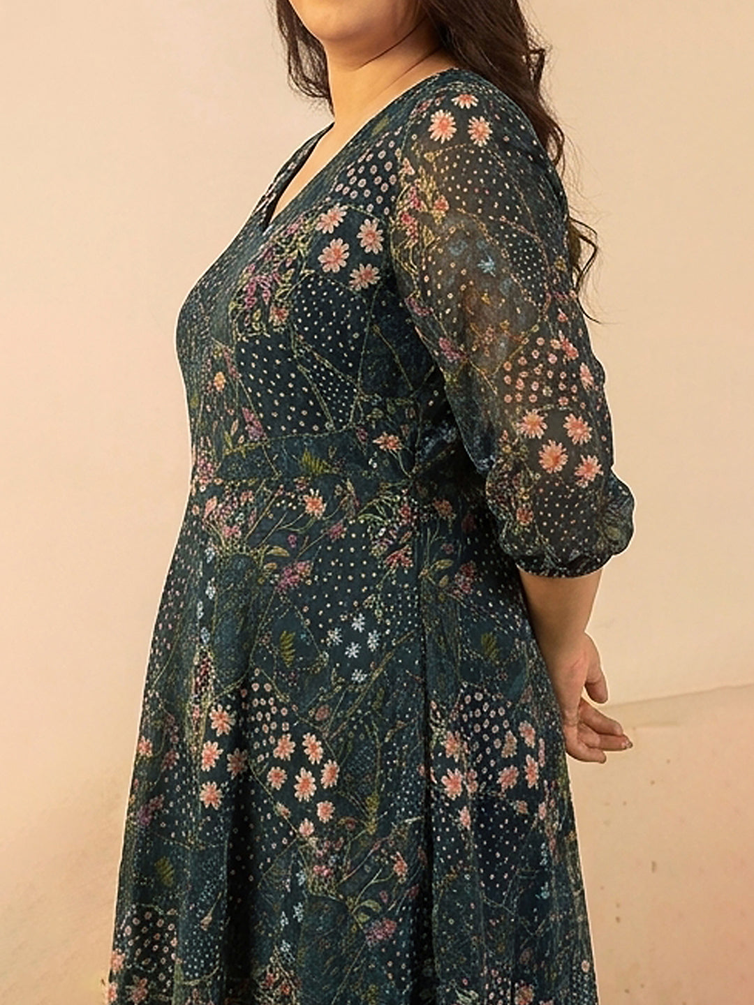 Janasya Women's Plus Size Black Dobby Georgette Floral Printed Fit & Flare Dress