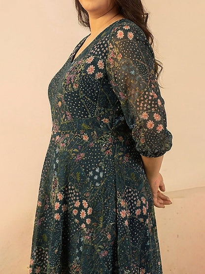 Janasya Women's Plus Size Black Dobby Georgette Floral Printed Fit & Flare Dress