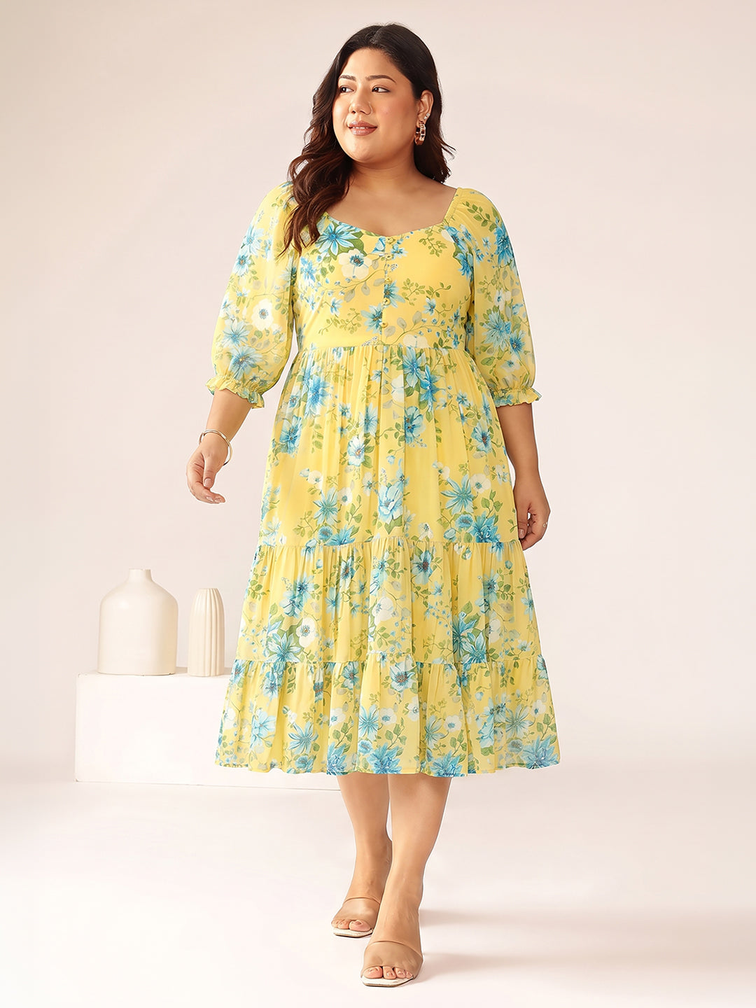 Janasya Women's Plus Size Yellow Georgette Floral Printed Tiered Dress