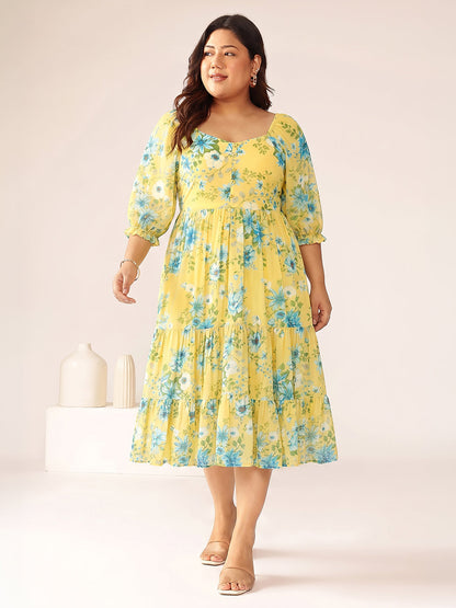 Janasya Women's Plus Size Yellow Georgette Floral Printed Tiered Dress