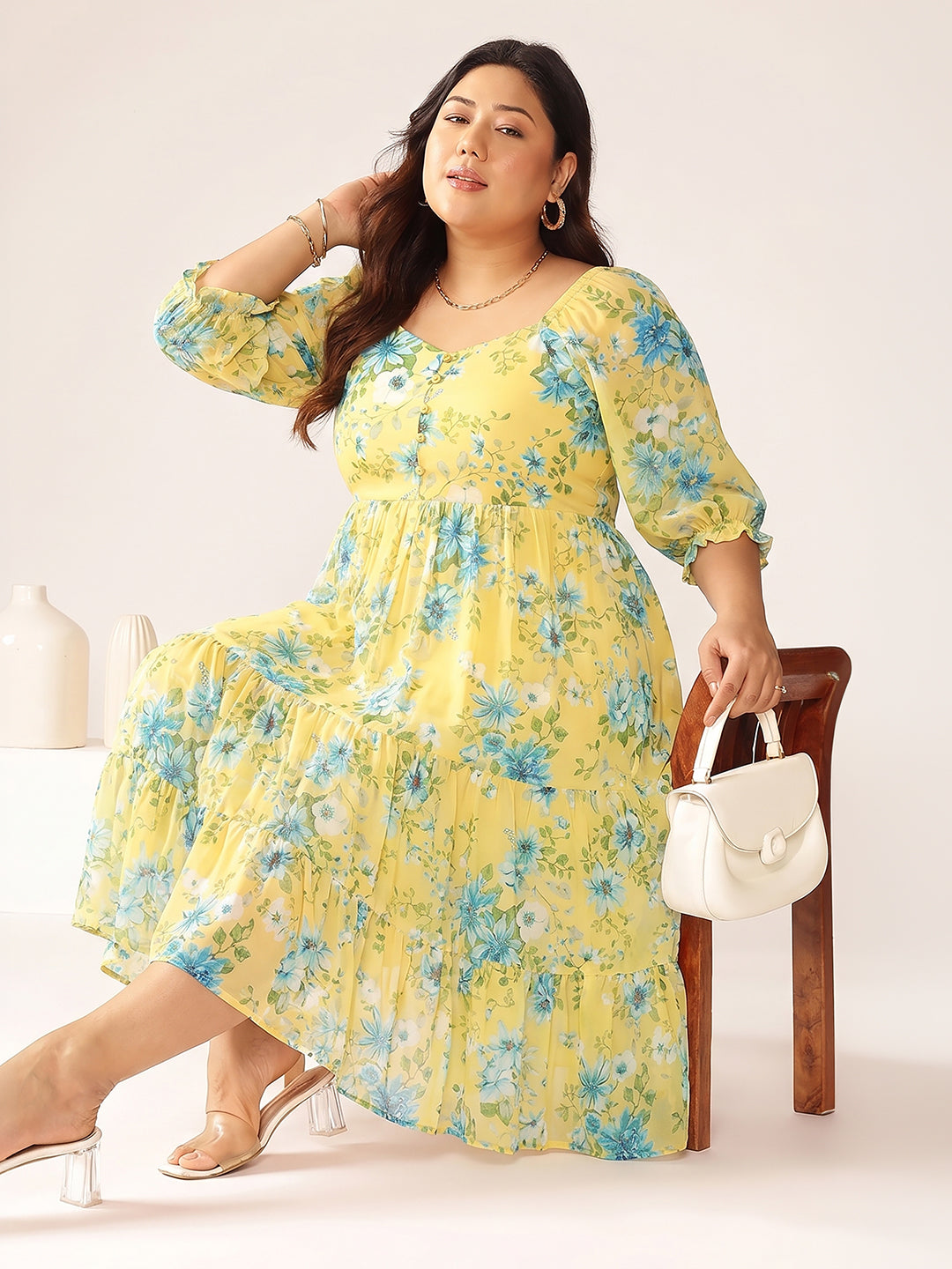 Janasya Women's Plus Size Yellow Georgette Floral Printed Tiered Dress