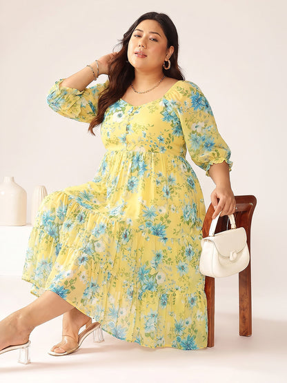 Janasya Women's Plus Size Yellow Georgette Floral Printed Tiered Dress