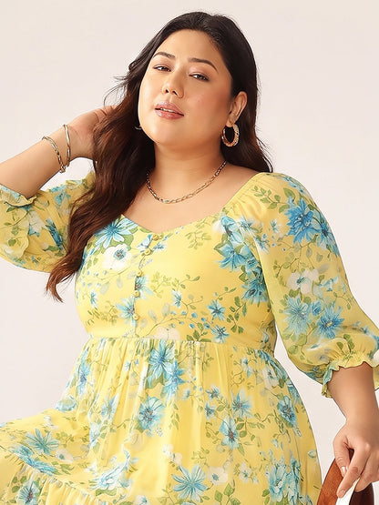Janasya Women's Plus Size Yellow Georgette Floral Printed Tiered Dress