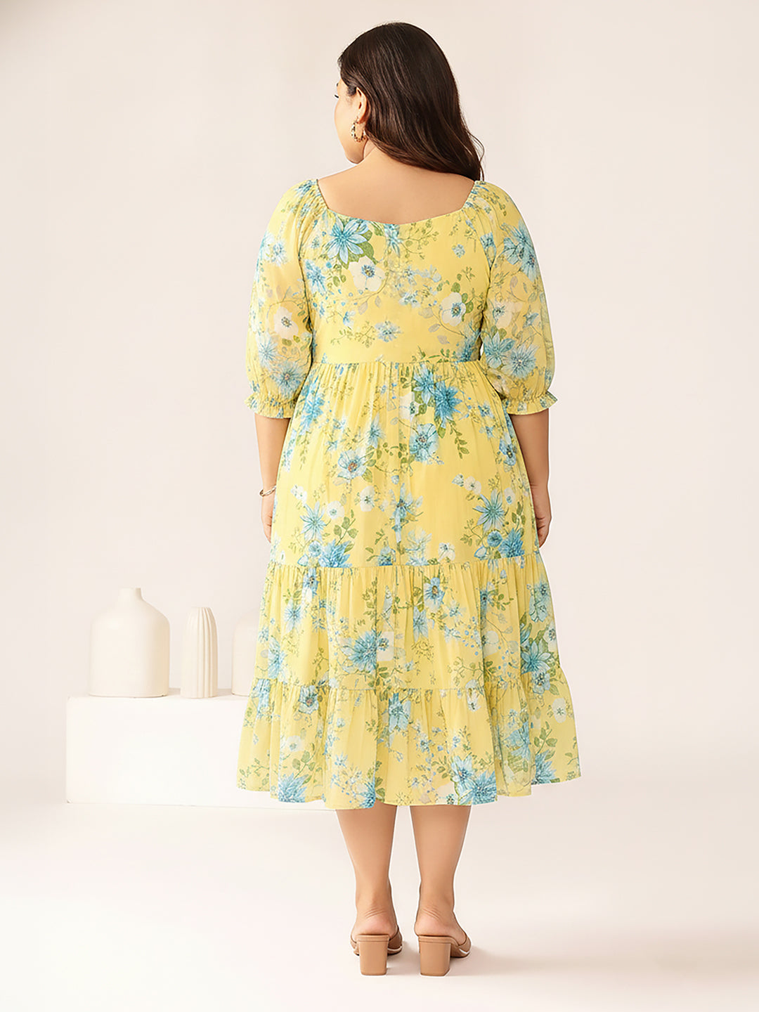 Janasya Women's Plus Size Yellow Georgette Floral Printed Tiered Dress