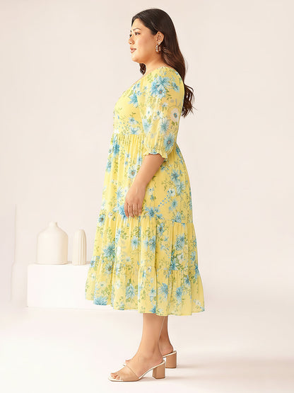 Janasya Women's Plus Size Yellow Georgette Floral Printed Tiered Dress