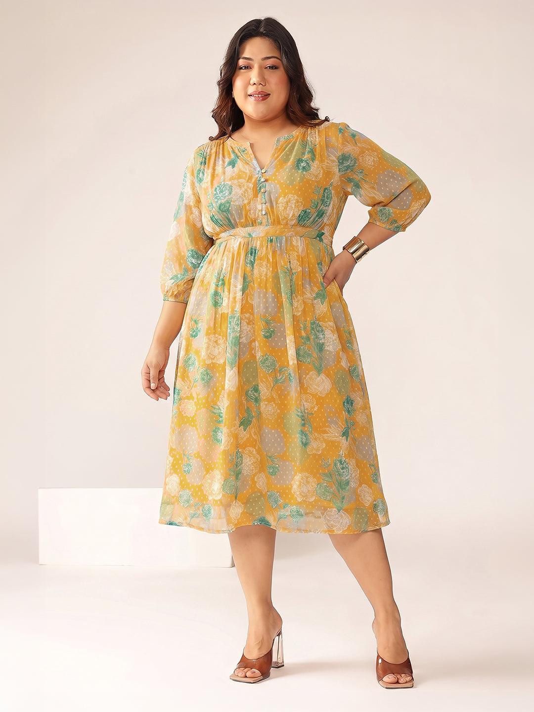 Janasya Women's Plus Size Orange Dobby Georgette Floral Printed A-Line Dress
