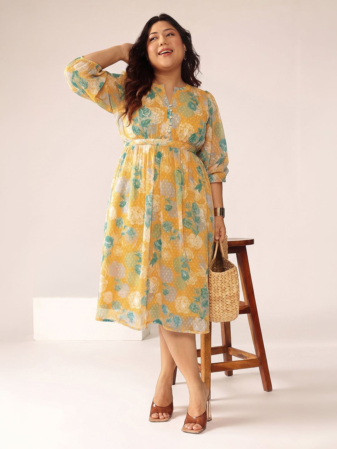 Janasya Women's Plus Size Orange Dobby Georgette Floral Printed A-Line Dress