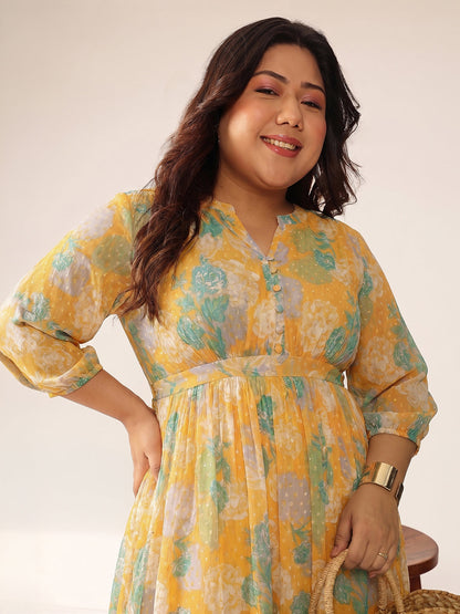 Janasya Women's Plus Size Orange Dobby Georgette Floral Printed A-Line Dress