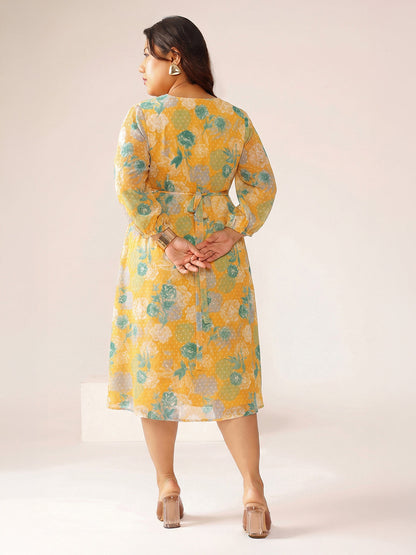 Janasya Women's Plus Size Orange Dobby Georgette Floral Printed A-Line Dress
